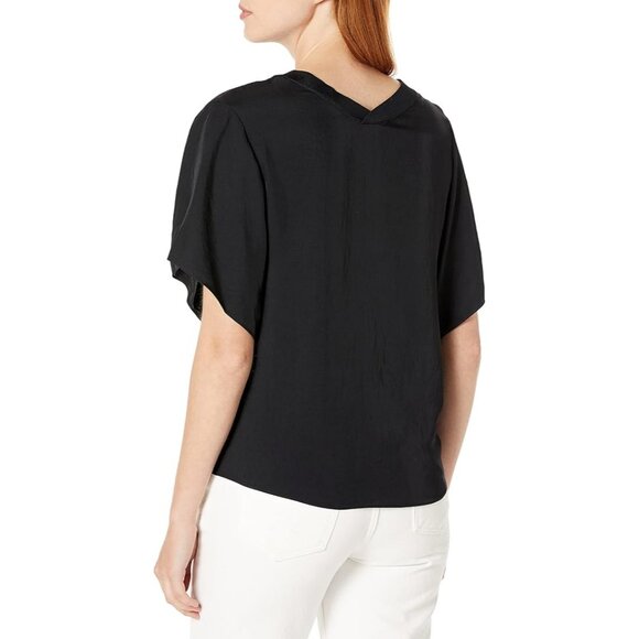 Vince Womens Tee Shirt Size Large Black Rib Trim Double V Neck Short Sleeve - Picture 10 of 10